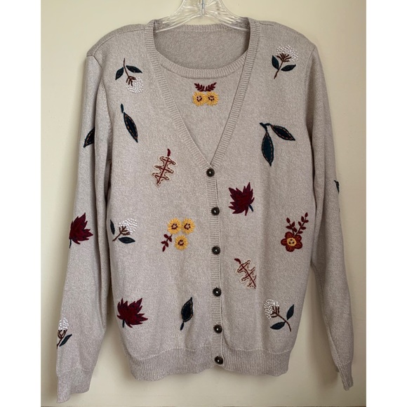 Vintage Sweaters - vintage faux layer embroidered fall leaf cardigan
